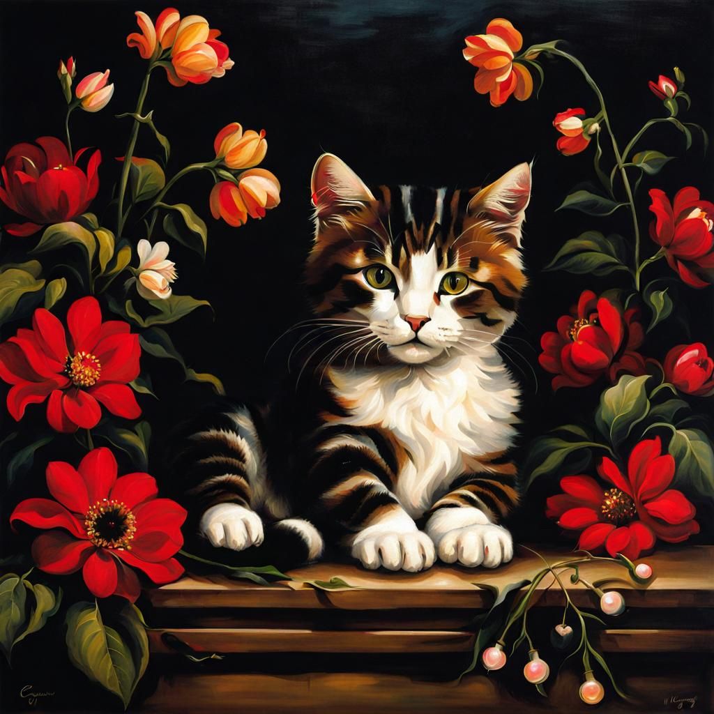 Cat with Flowers in Baroque Style