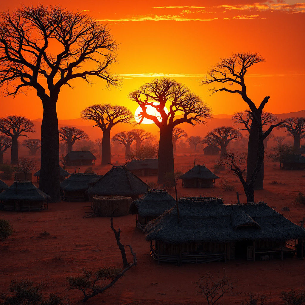 Himba Village Sunset in Savannah Desert with Baobabs