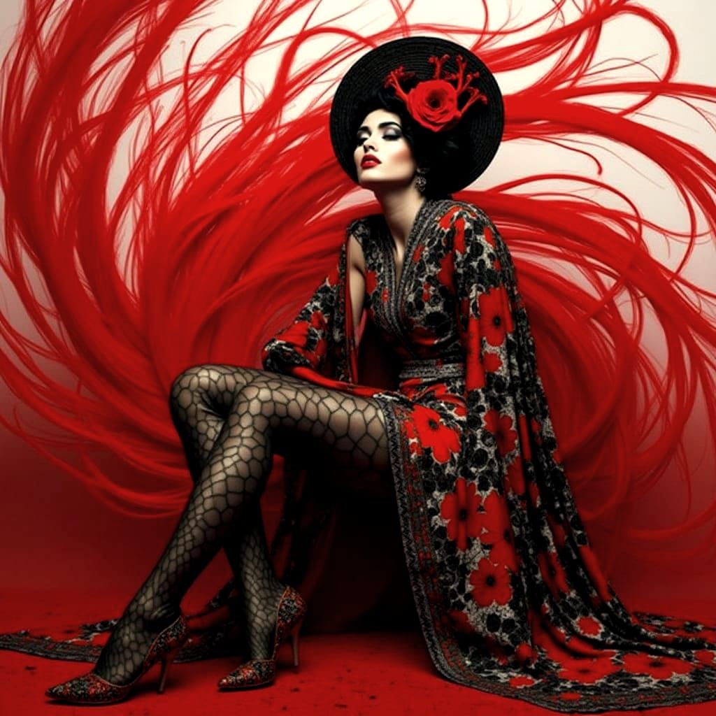 Black and White Portrait of a Woman with Crimson Streak