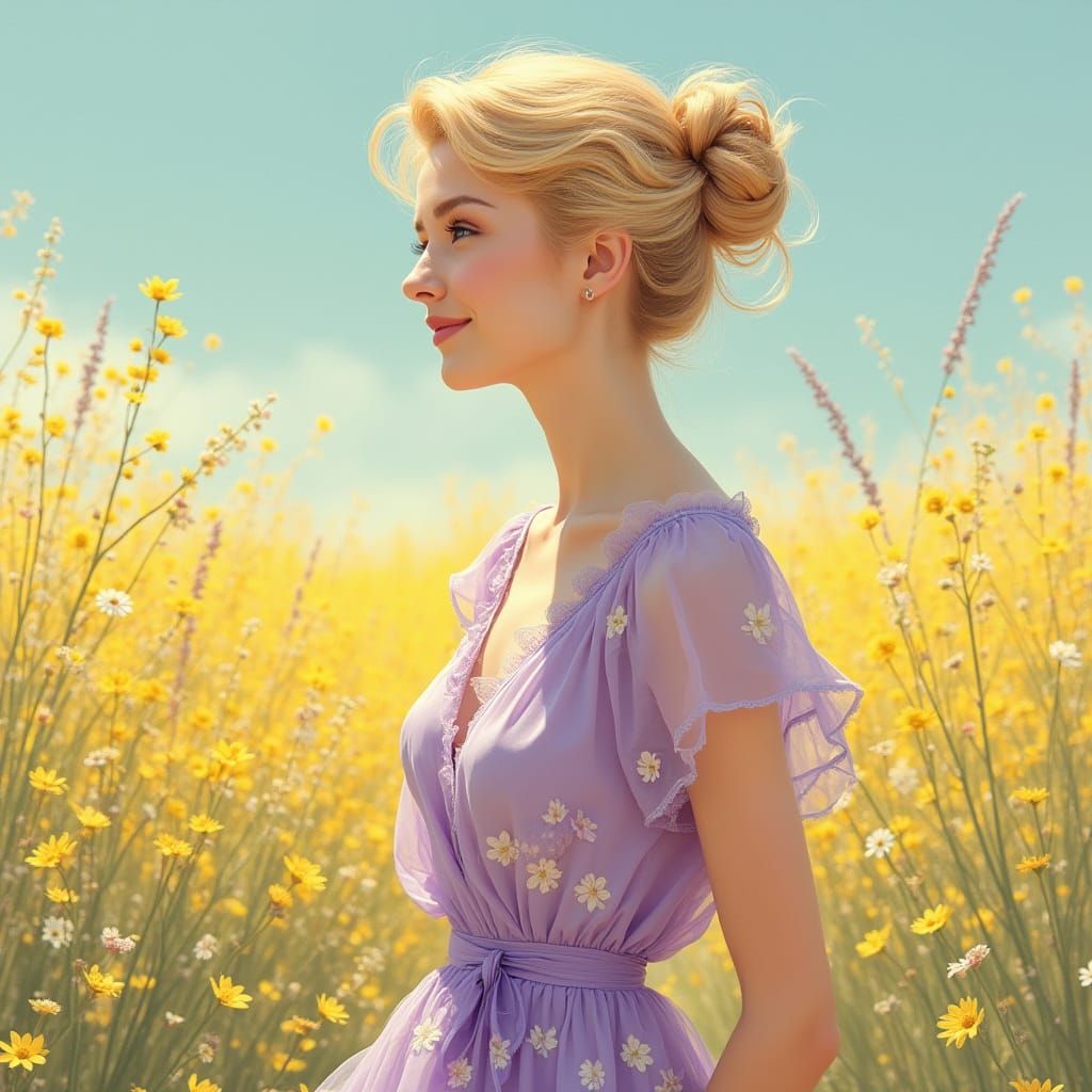 Smiling Blonde Woman in Sunny Meadow, Art Nouveau Style