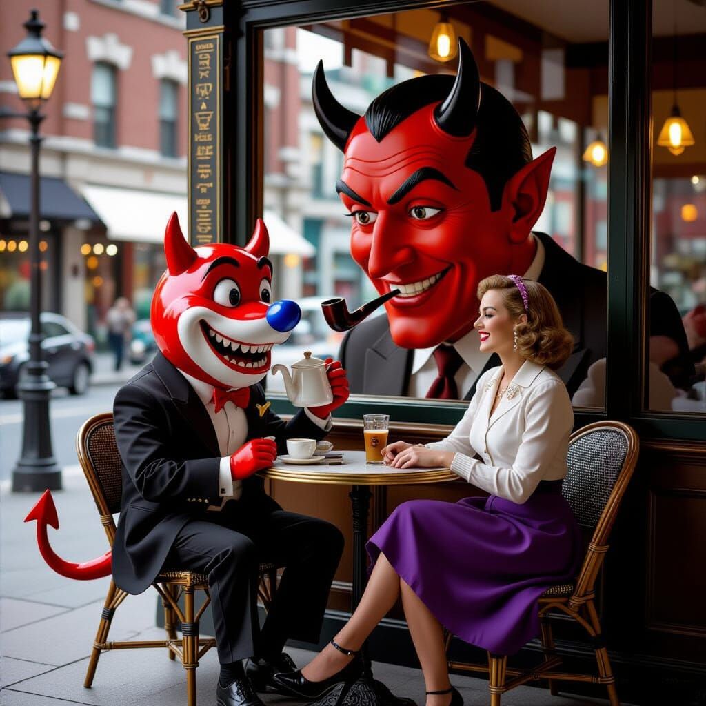 Cartoon Shark-Faced Couple Dancing in Street Cafe