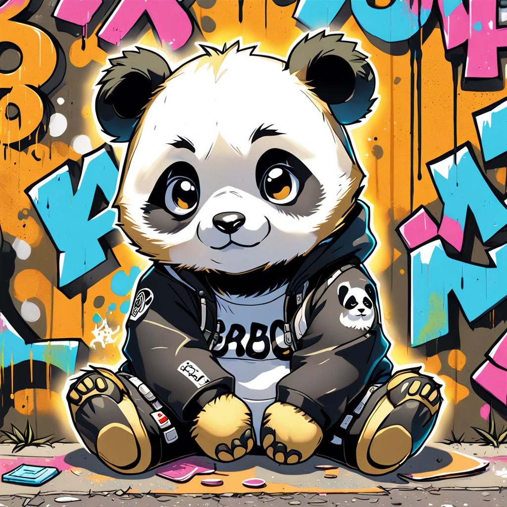 Punk Panda on Graffiti Wall in Manga Style