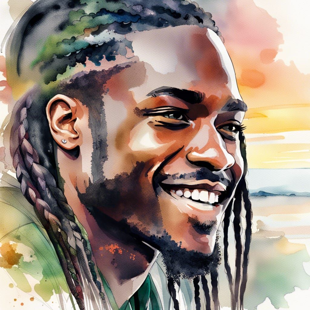Smiling Man with Braids in Digital Watercolor Summerscape