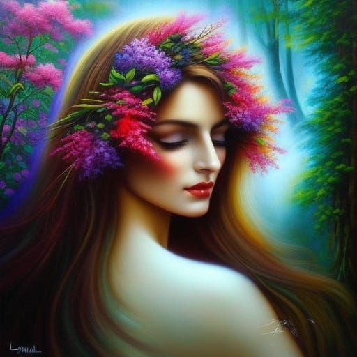 Mysterious Forest Woman in Dreamy Painting Style