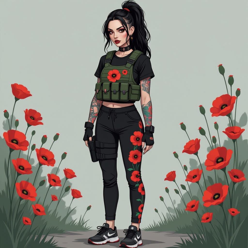 Gothic Woman with Poppy Tattoos in Digital Art Style