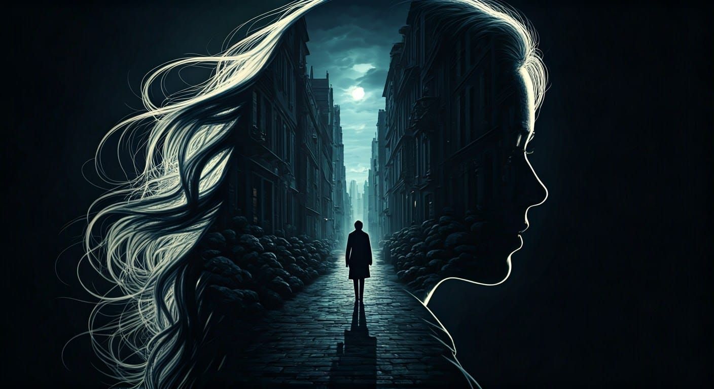 Silhouetted Woman Gazing into a Dreamlike Cityscape