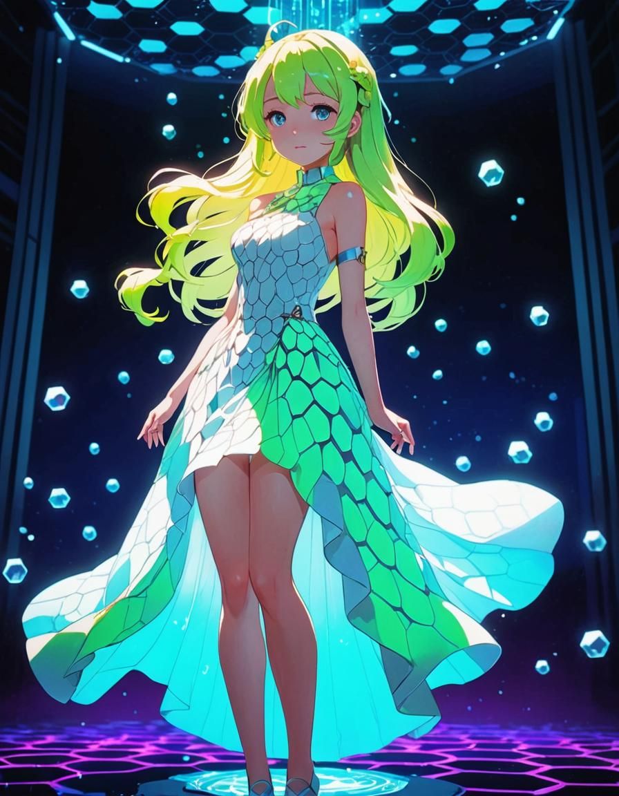 Neon Lit Figure in Flowing White Dress, Anime Style