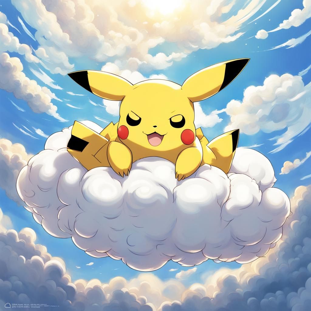 Pikachu Asleep on Cloud in Anime Style