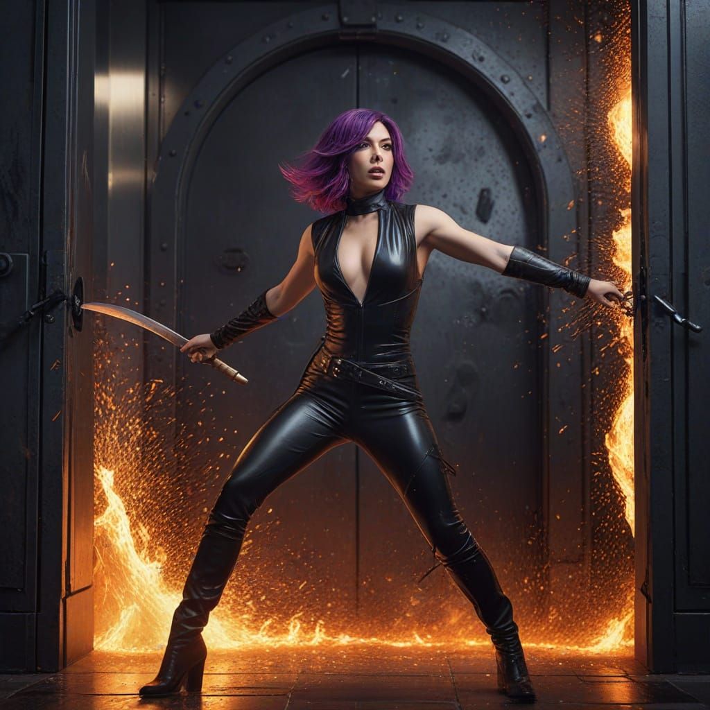 Female Assassin with Purple Hair in Hyperrealistic Style