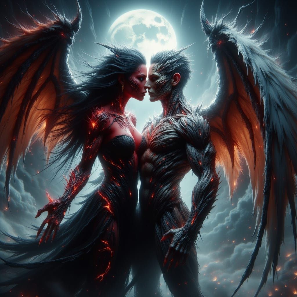 Passionate Kiss Between Demon and Angel in Fantasy Style