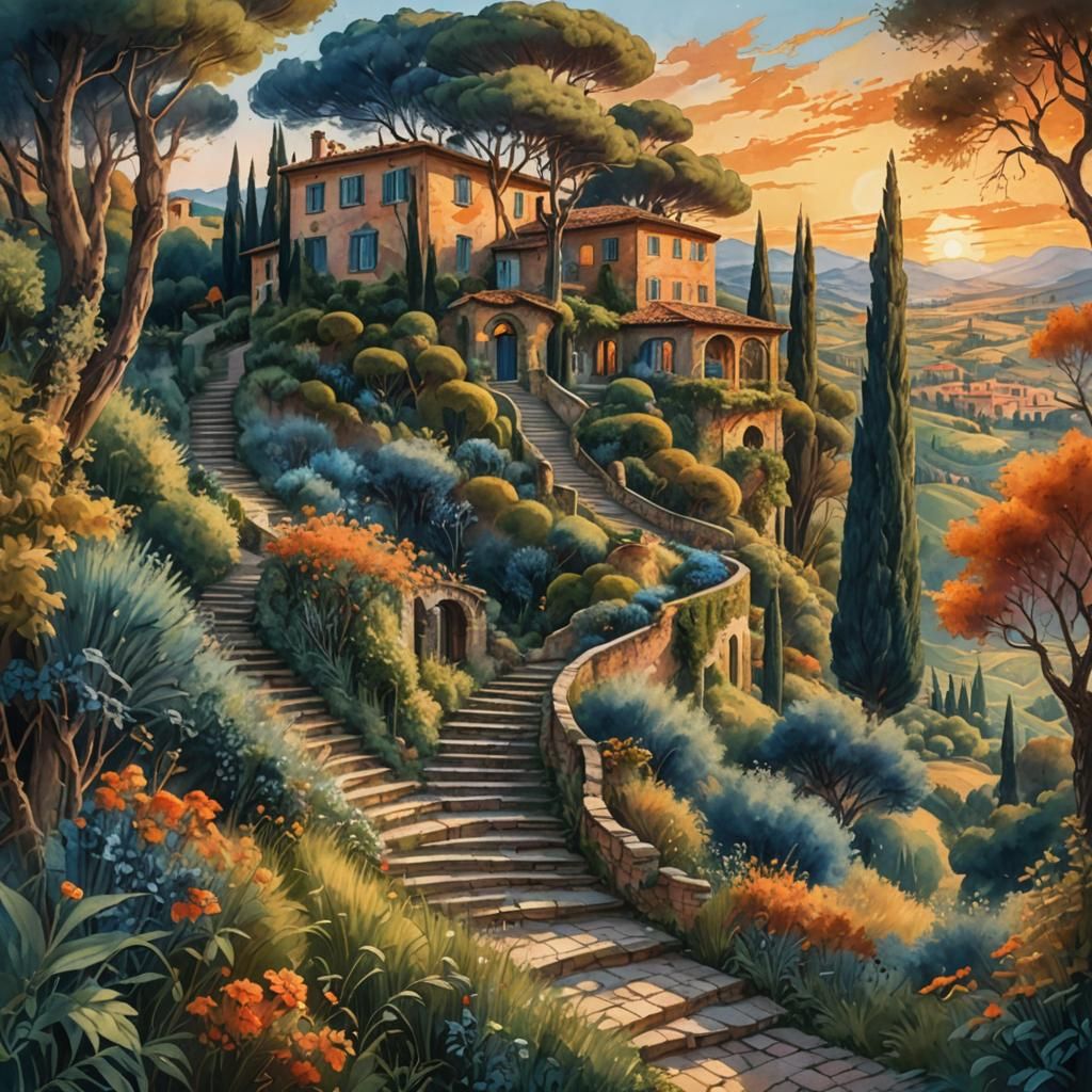 Dreamy Tuscan Villa Landscape in Watercolour Style