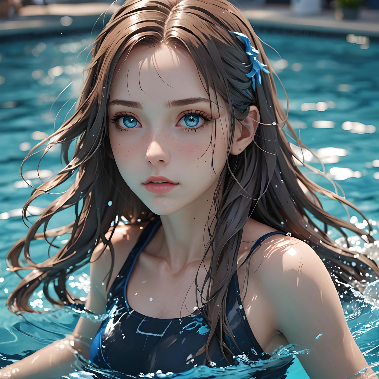 Anime Girl in Pool: 3D Art, Detailed