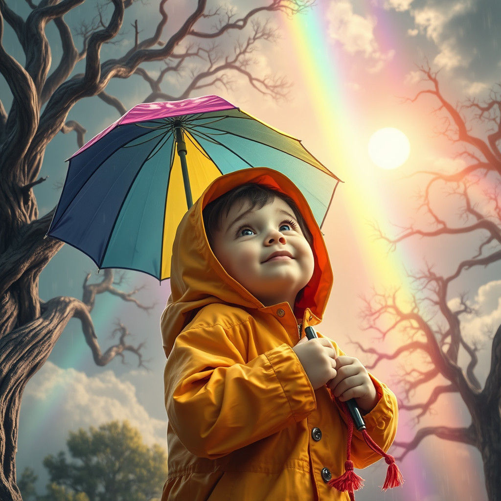 Child Gazing at Post-Storm Rainbows in Fantasy Art