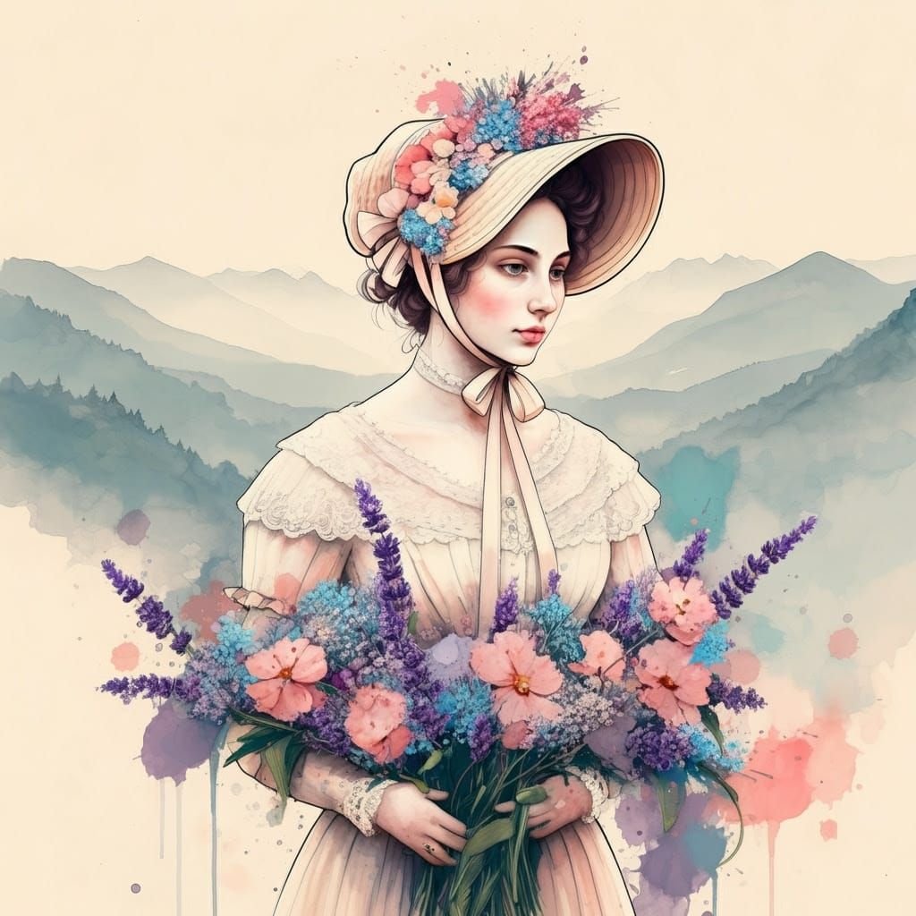 Elegant Lady Amidst Whimsical Wildflowers in Watercolor