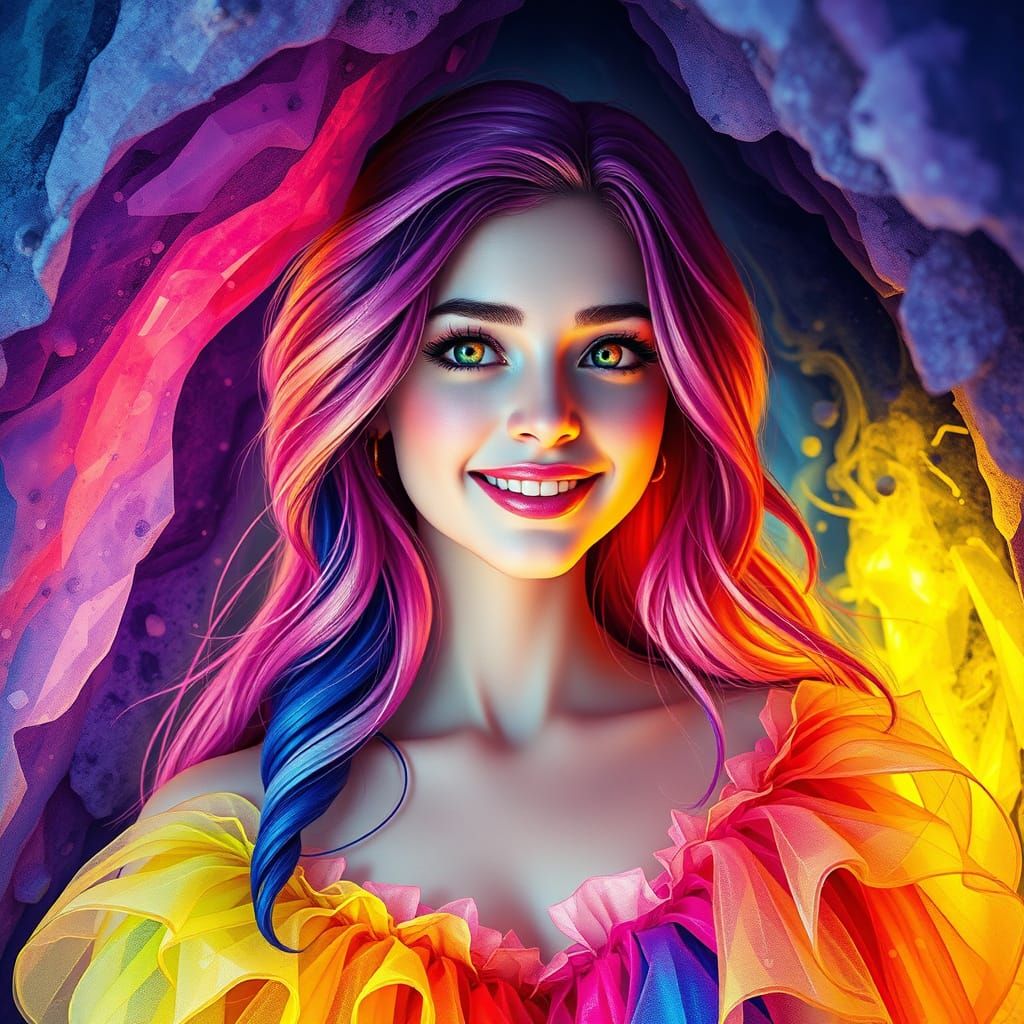 Rainbow Haired Woman in Crystal Cave Watercolor Art