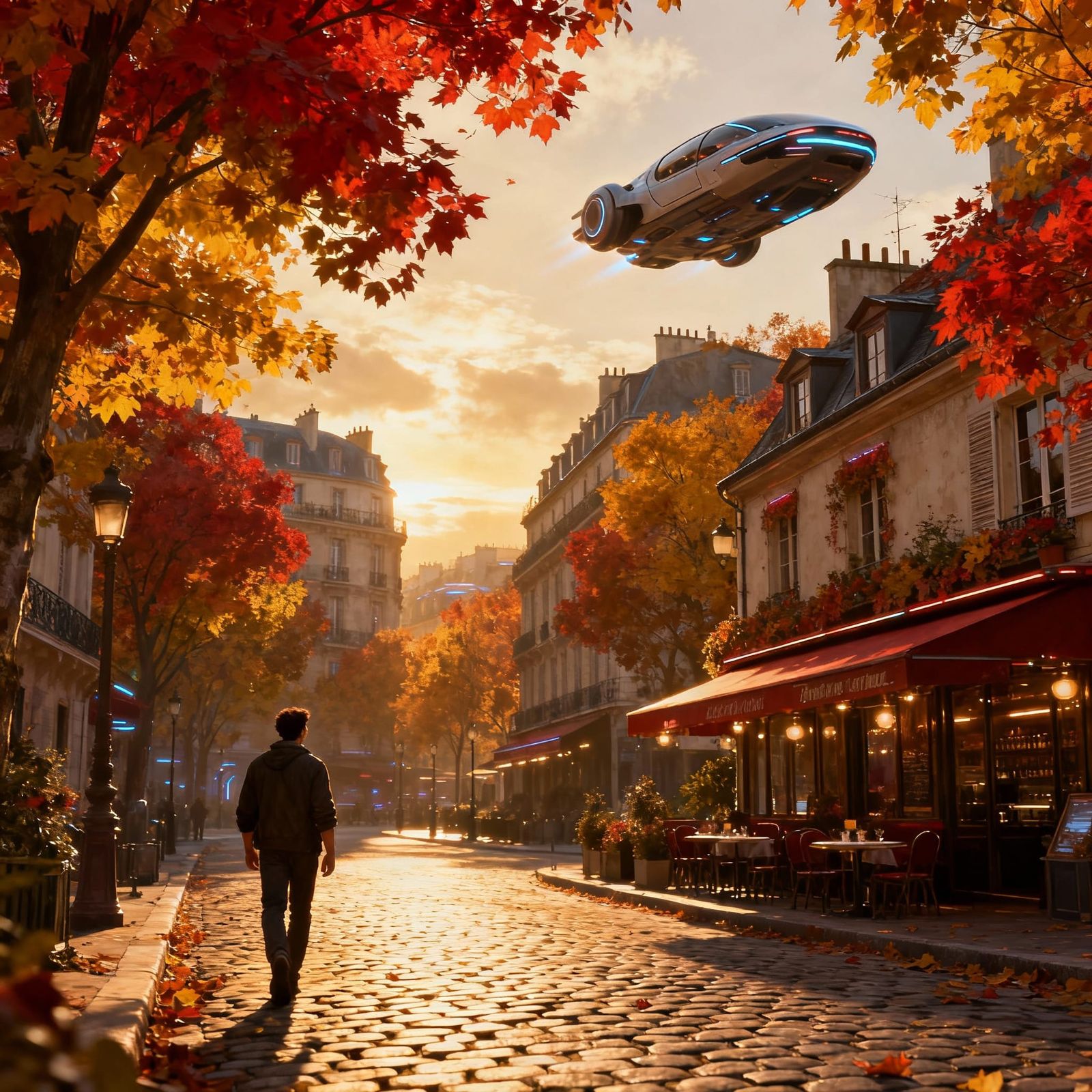 Futuristic Paris Autumn Boulevard with Flying Cars