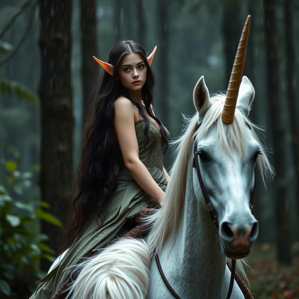 Elf on Unicorn in Rainy Forest