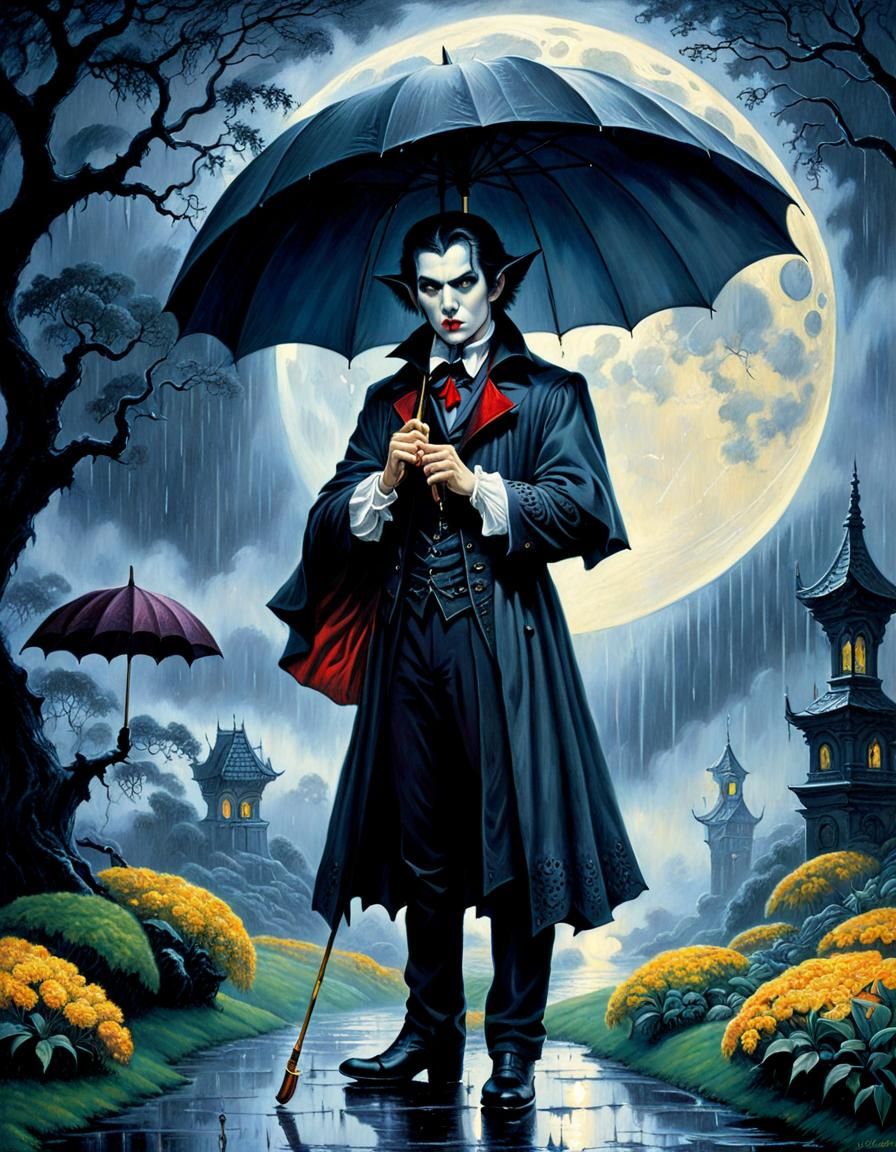 Vampire in Rainy Moonscape, Charcoal Fantasy