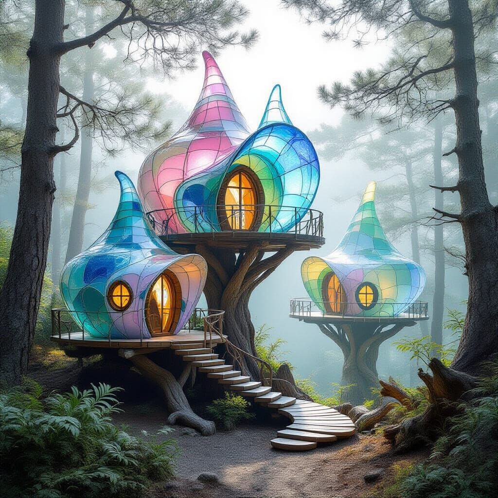 Whimsical Sea Glass Treehouse Village in Coastal Fog