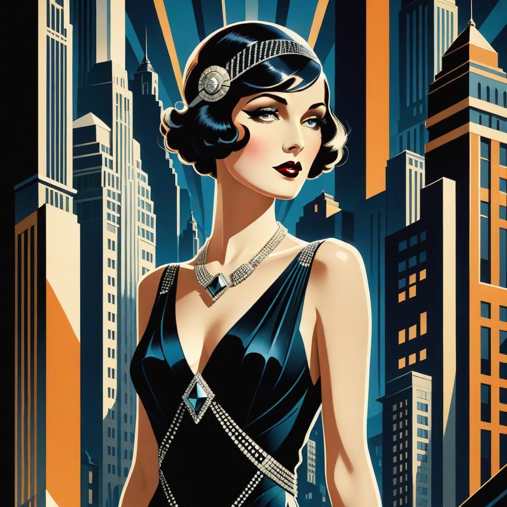 Elegant Woman in Art Deco Cityscape Illustration