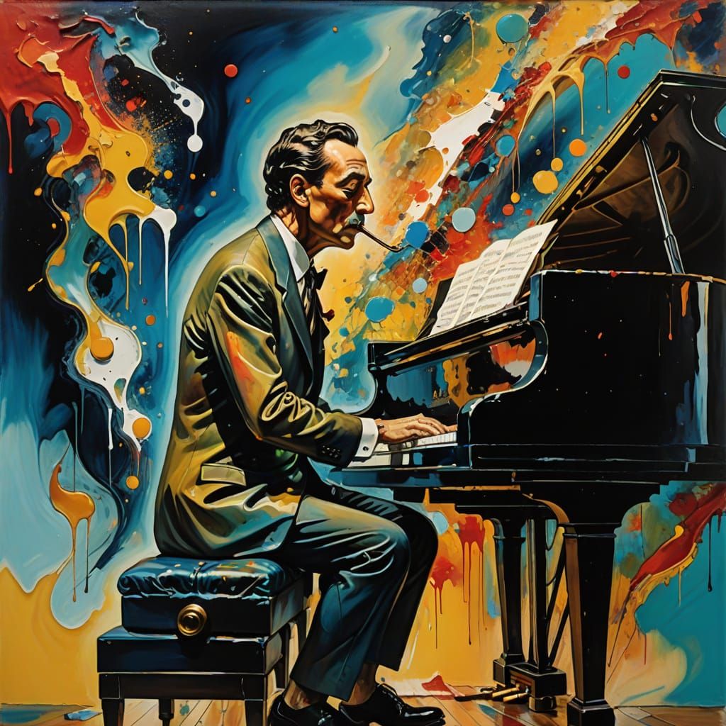 Abstract surrealist melting oils jazz singer draped over pia...