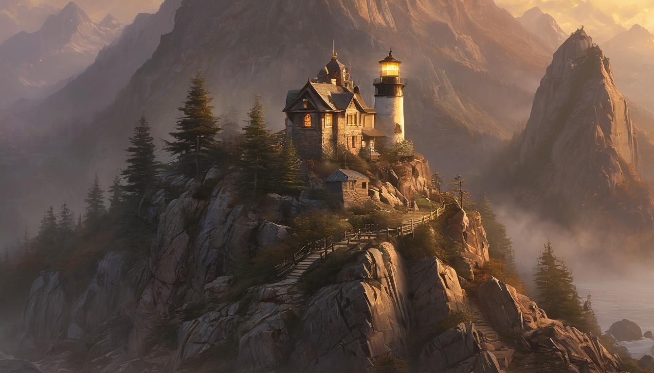 Lighthouse on Mountain Peak in Classic Style