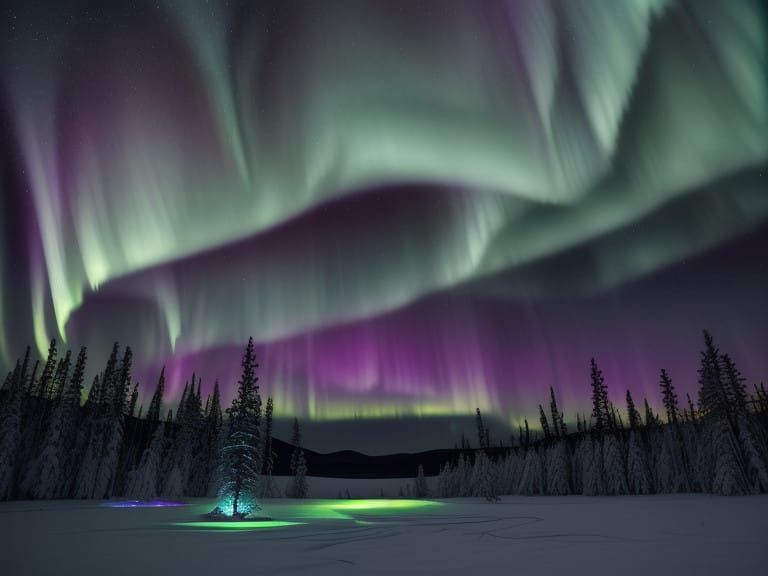 Cosmic Aurora Borealis Over Snowy Landscape