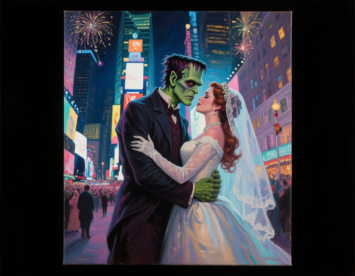 Frankenstein's Monster and Bride Embrace in NYC