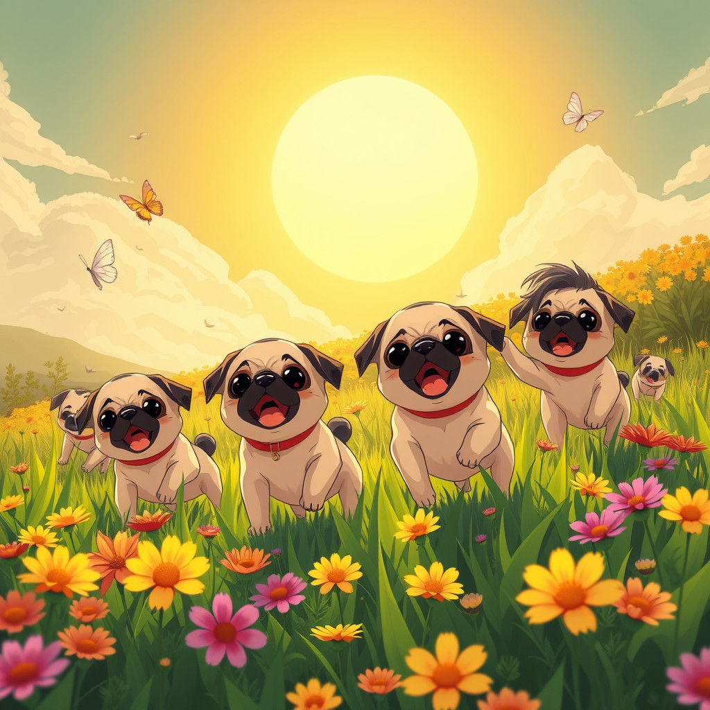 Children and Puppies Playing in Sunny Anime Landscape