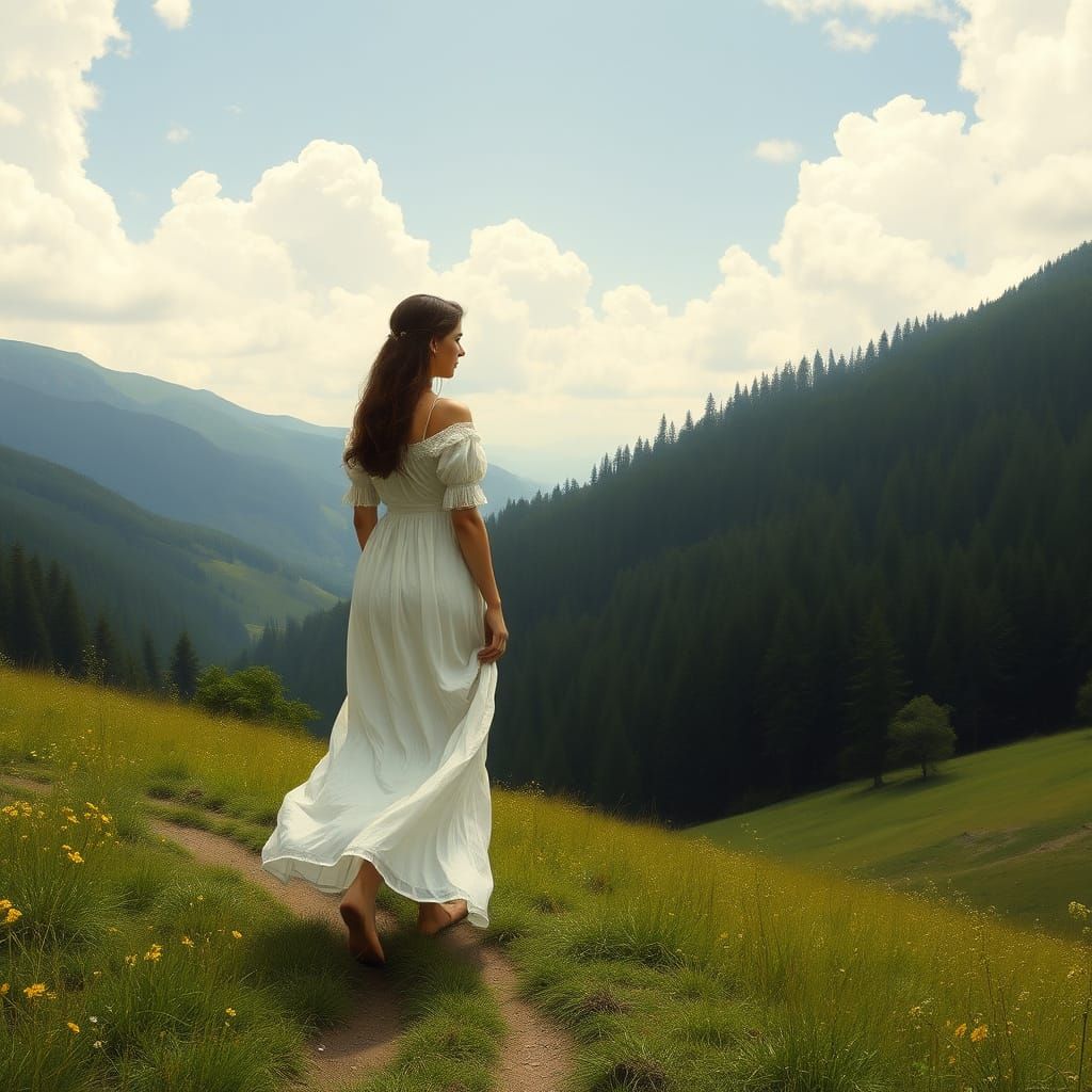 Serene Woman in Valley, Romantic Style