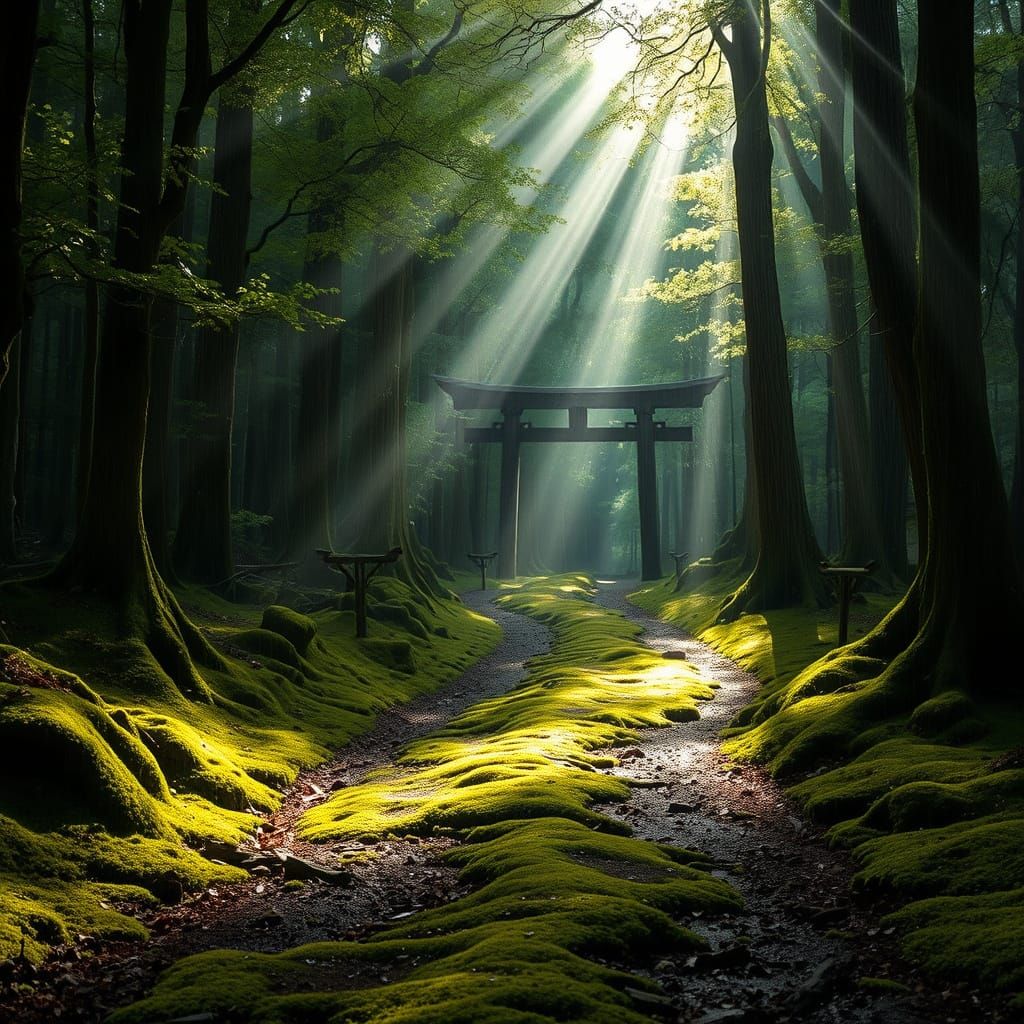 Mossy Forest Path with Sun Rays and Torii Gate