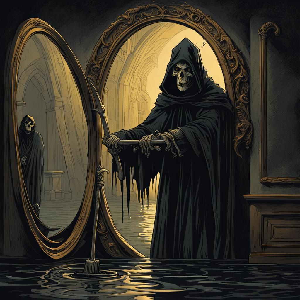 Grim Reaper and Rippling Mirror in Dark Fantasy Style