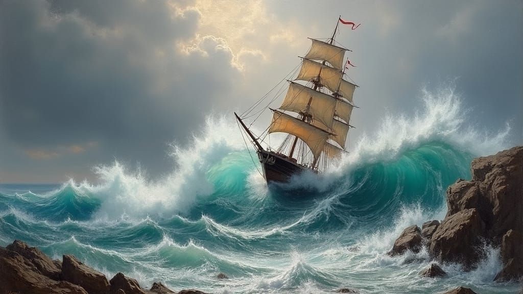 Ship Battles Swell in Romantic Seascape