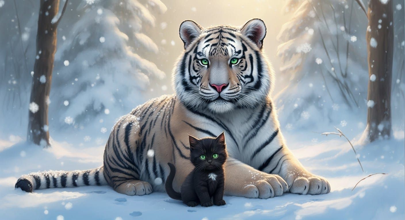 Whimsical Winter Scene of Kitten and Snow Tiger in Enchanted...