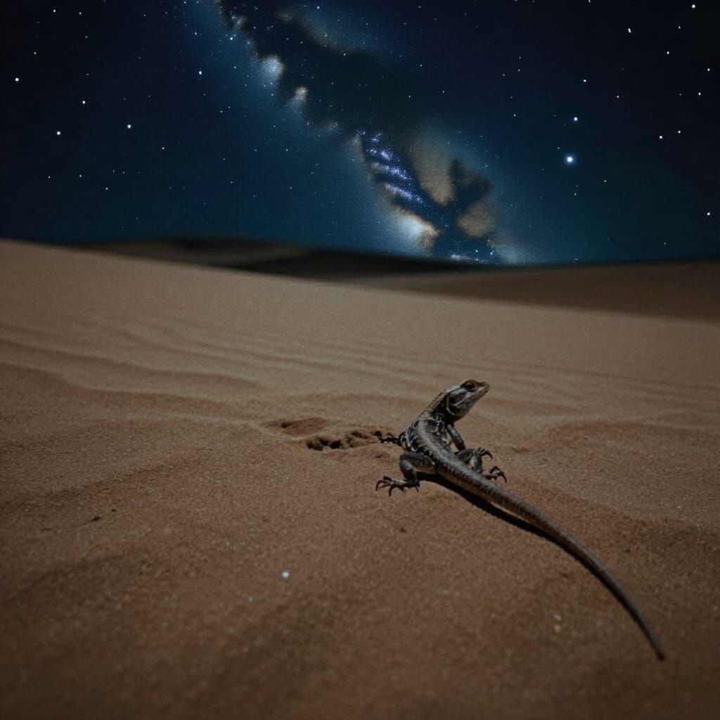 Moonlit Desert Night With Lizard, Cinematic Film Still
