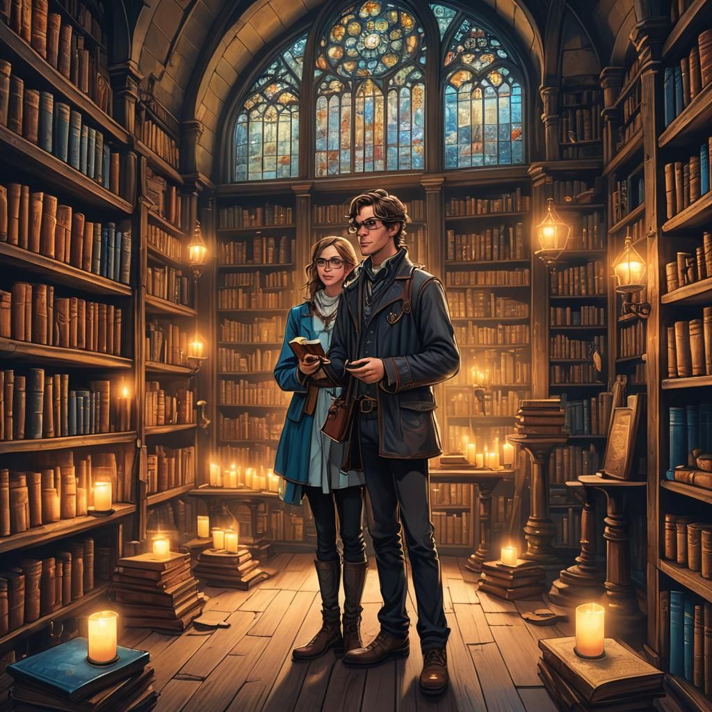 Nerdy Couple in Mystical Library: Digital Art