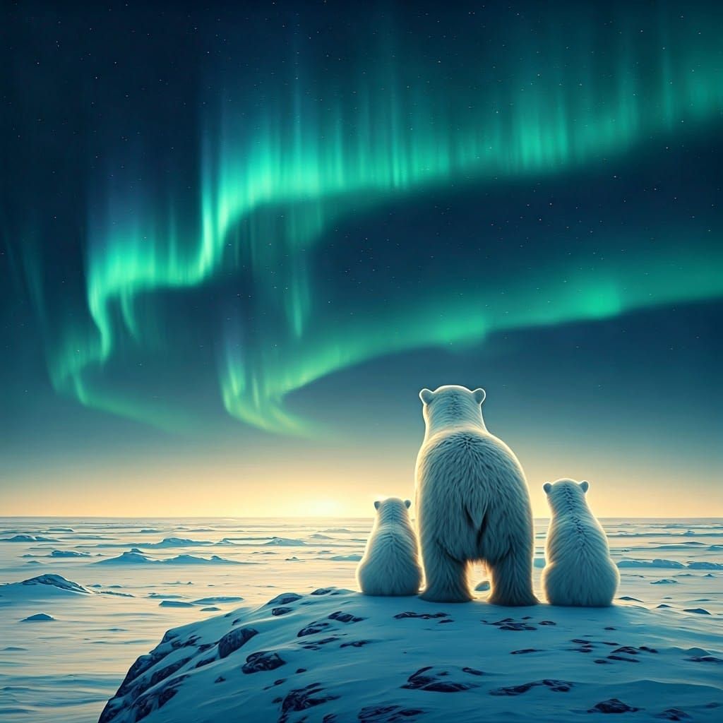 Polar Bear Family and Arctic Northern Lights