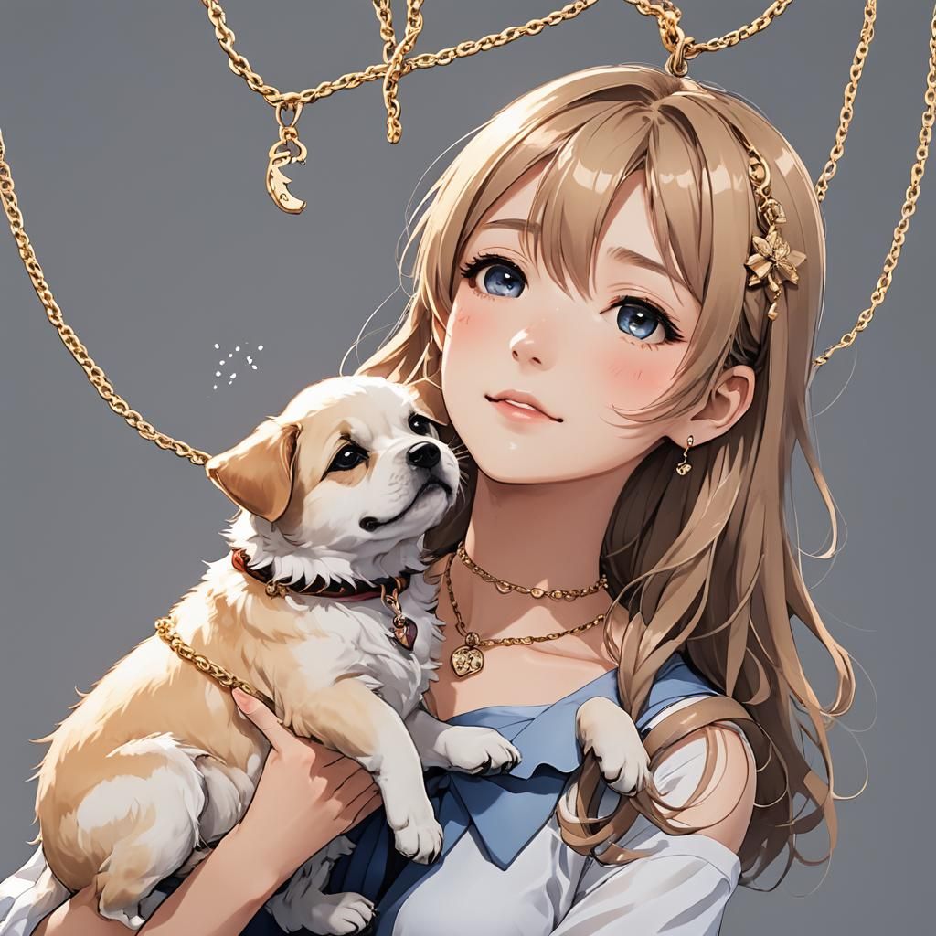 Girl and Cute Dog with Christian Necklace in Anime Style