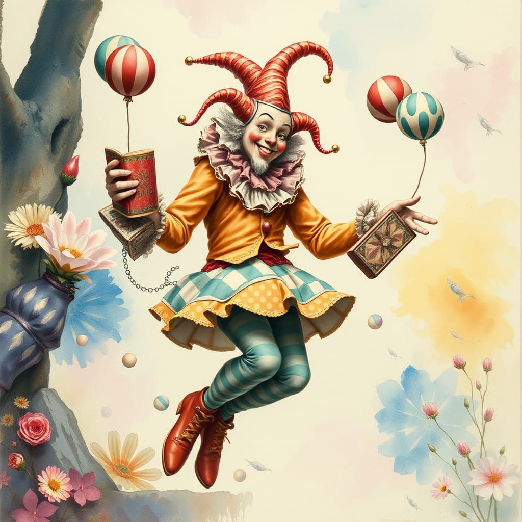 Whimsical Fantasy Jester in Pastel Watercolour