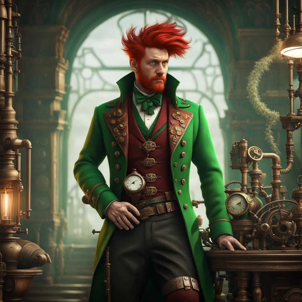 Steampunk Man with Red Hair in Detailed Matte Painting