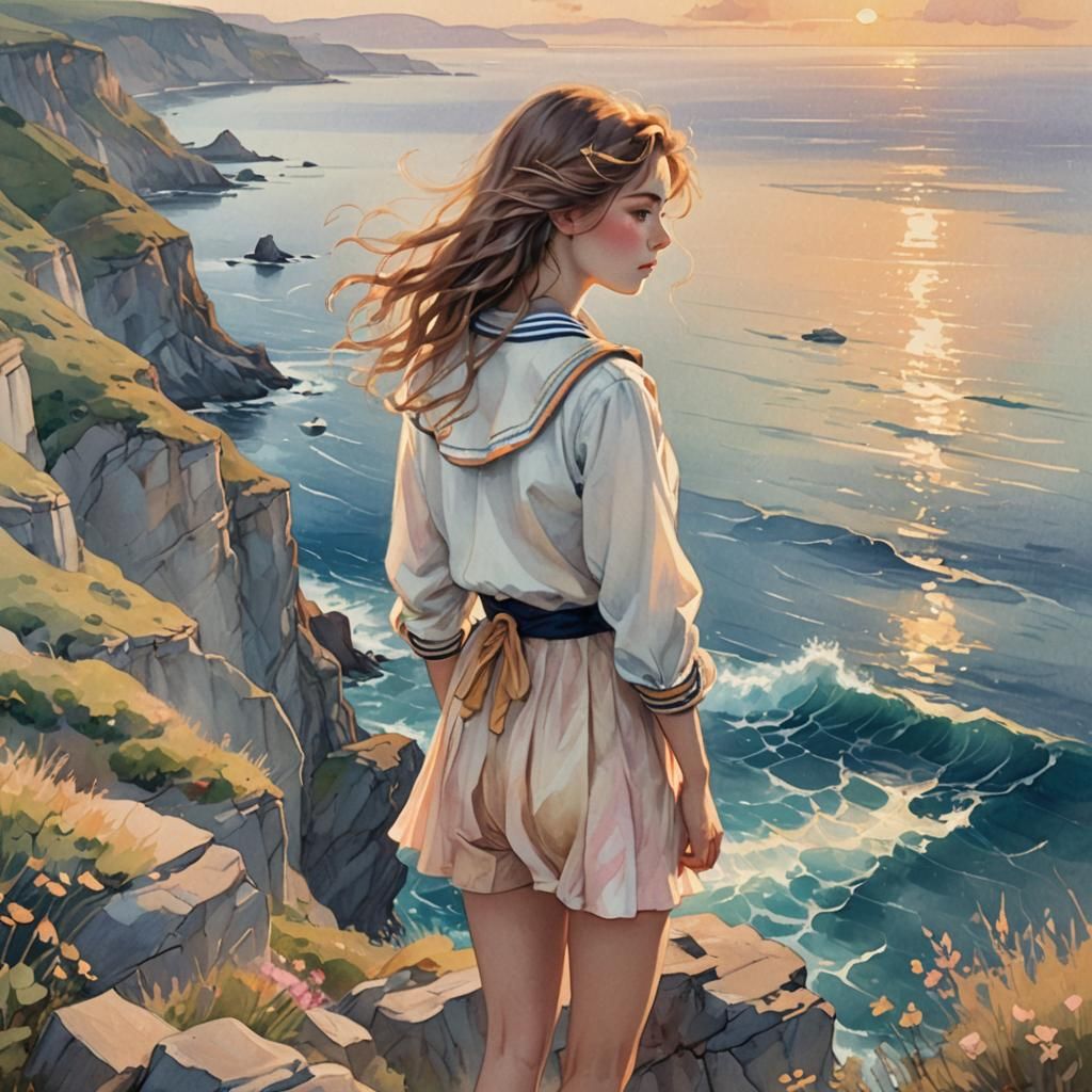 Sailor Girl Overlooking Serene Ocean: Whimsical Illustration
