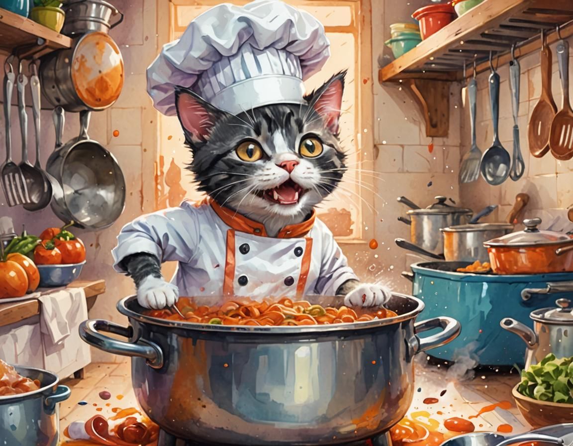 Kitten Chef's Cooking Pot Adventure: A Digital Illustration