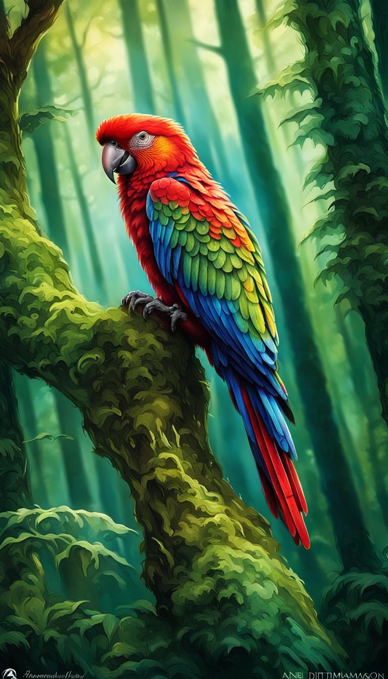 Vibrant Parrot in Fantasy Forest Art