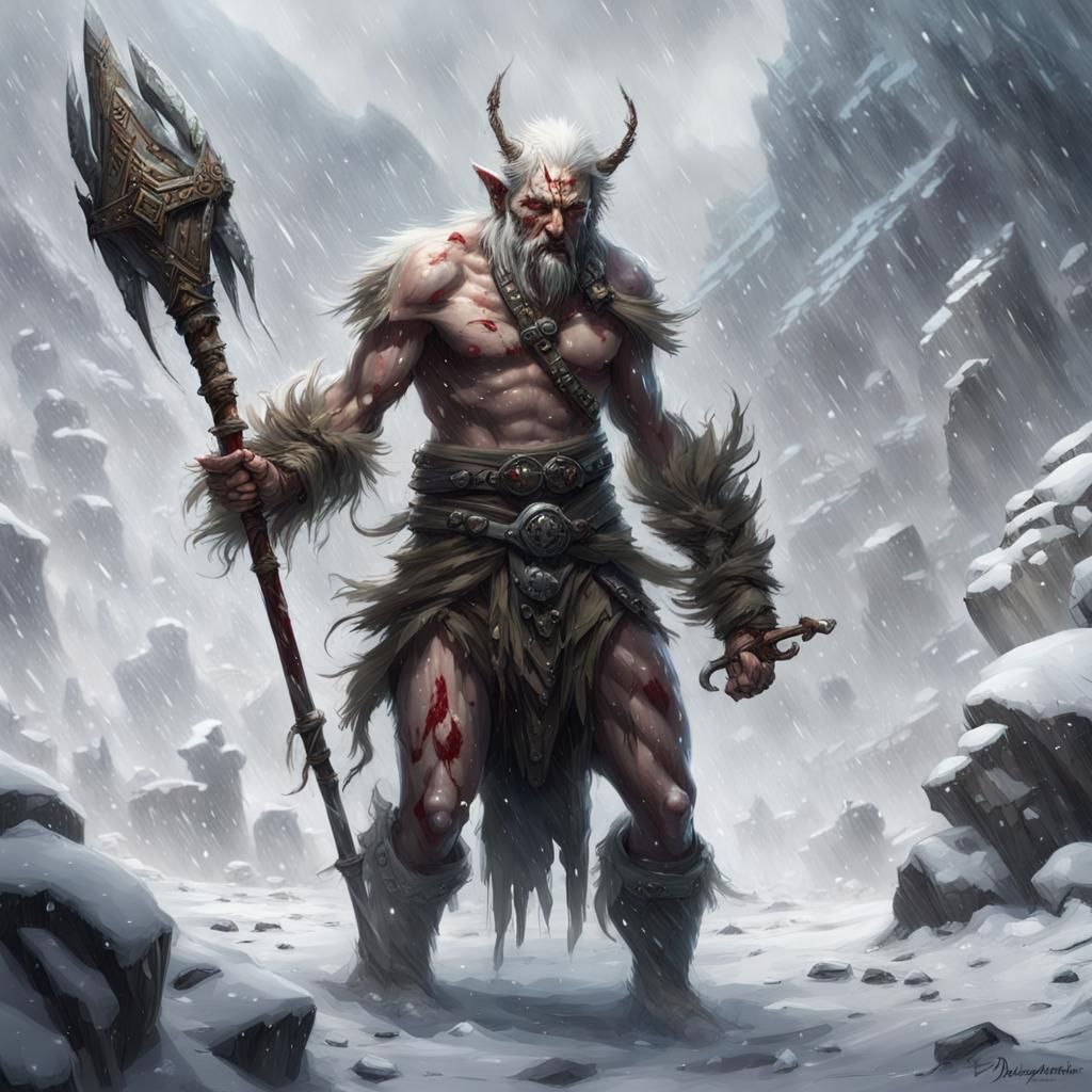 Winter Elf Battles Bugbear in Snowy Blizzard