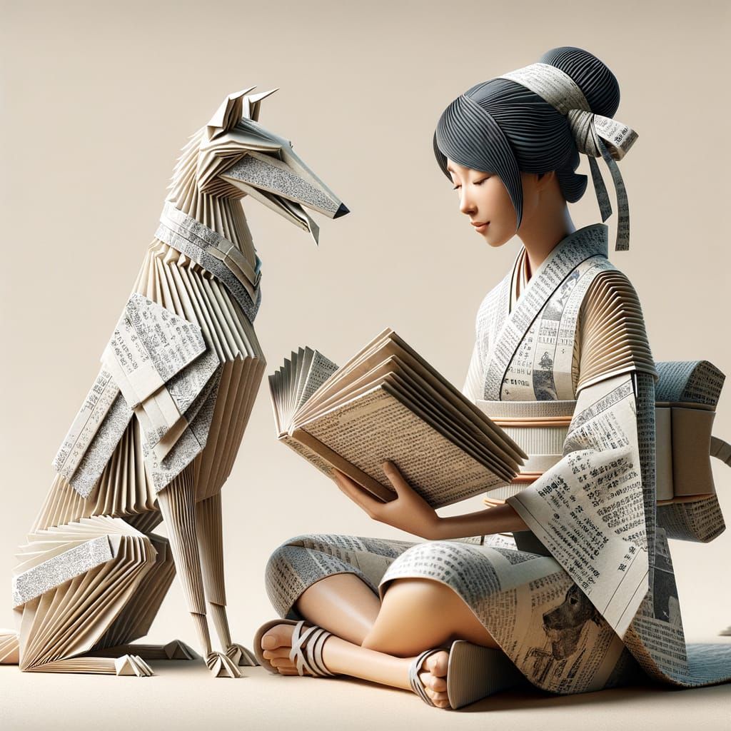 Girl Reading Origami Book with Borzoi, 3D Digital Art