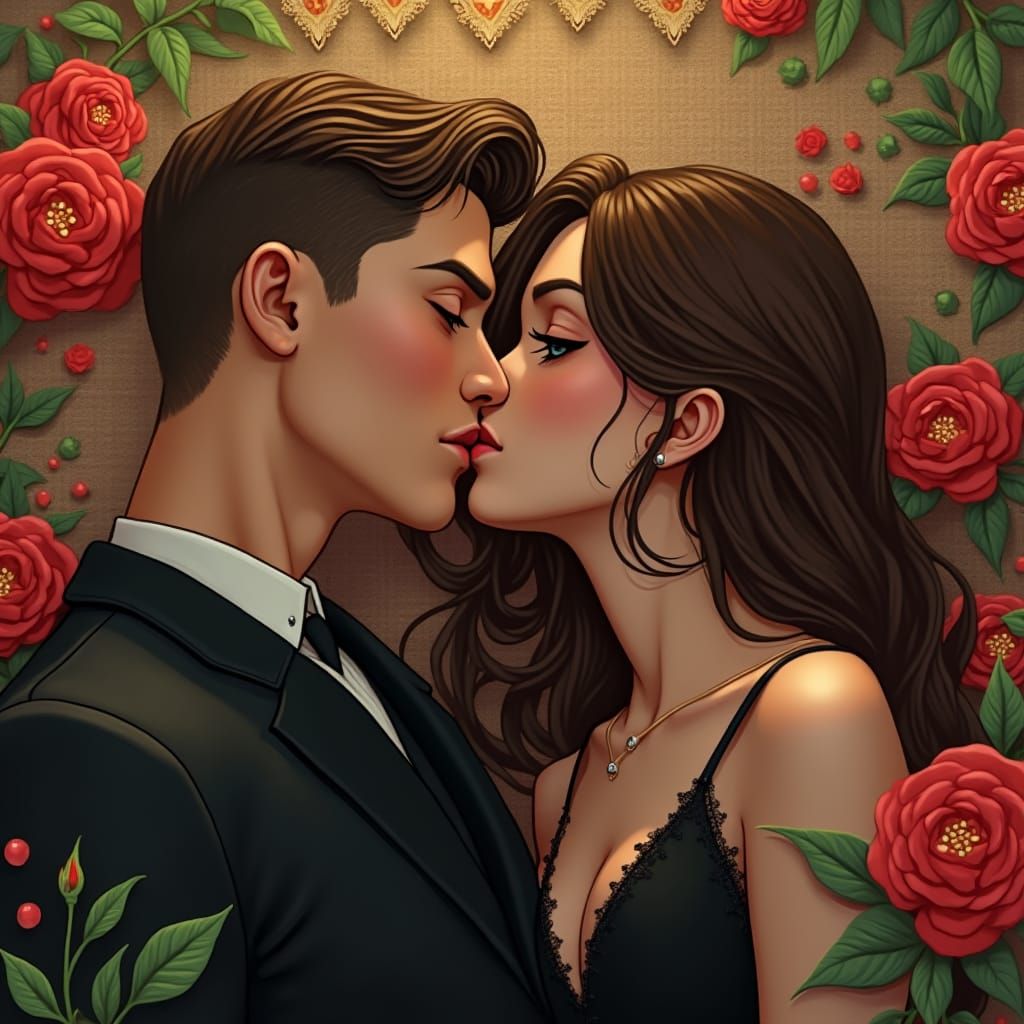 Romantic Couple Kissing in Lush Rose Garden