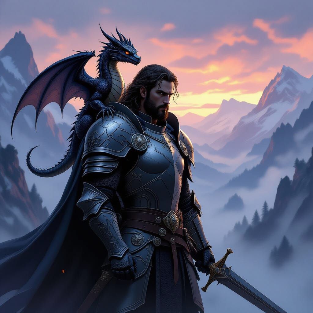 Stoic Knight and Obsidian Dragon in Mountain Pass