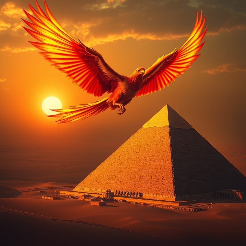 Surreal Phoenix Soars Above Ancient Egyptian Pyramid at Suns...