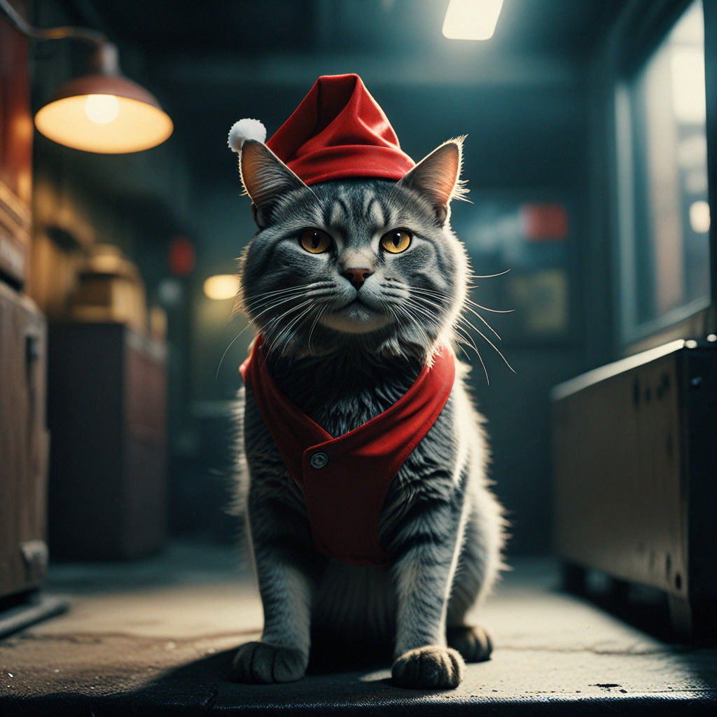 Fierce Feline in Santa Hat, Cinematic Portrait