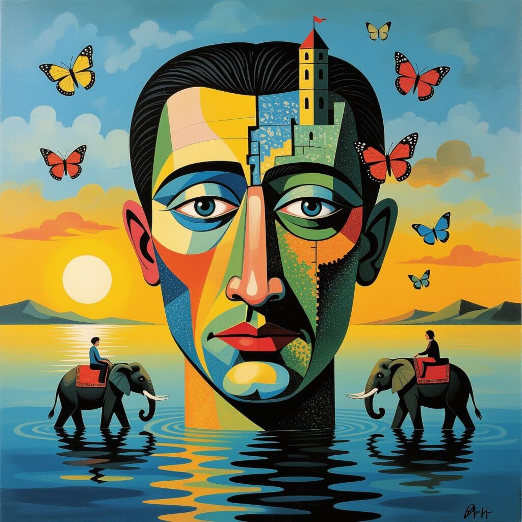 Surreal Impasto Painting of Distorted Face and Melting Clock...